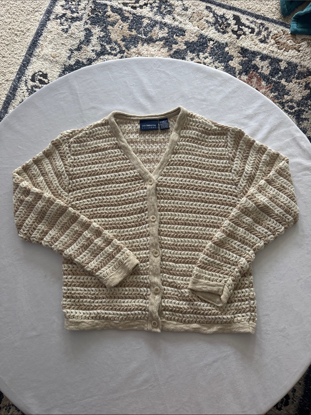 Liz Claiborne Cotten Linen Blend Cream Open-Weave Button Front Cardigan